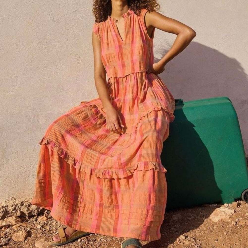 White Stuff Rosie Check Maxi Dress Pink Multi Size 12